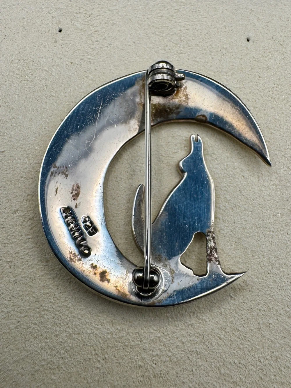 Vintage Taxco Mexico .925 Sterling Silver Wolf Howling at Moon Brooch Pin